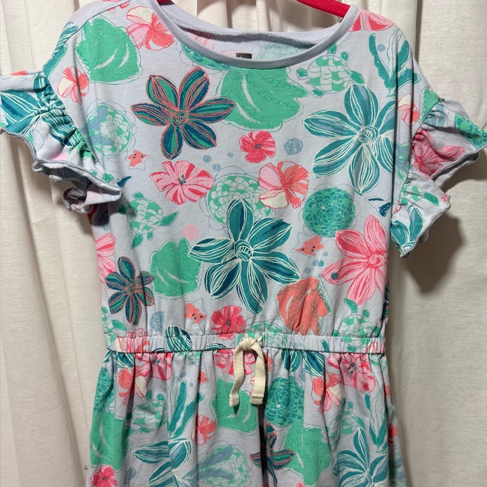 Tea Girls' Floral Drawstring Dress - Mint & Coral